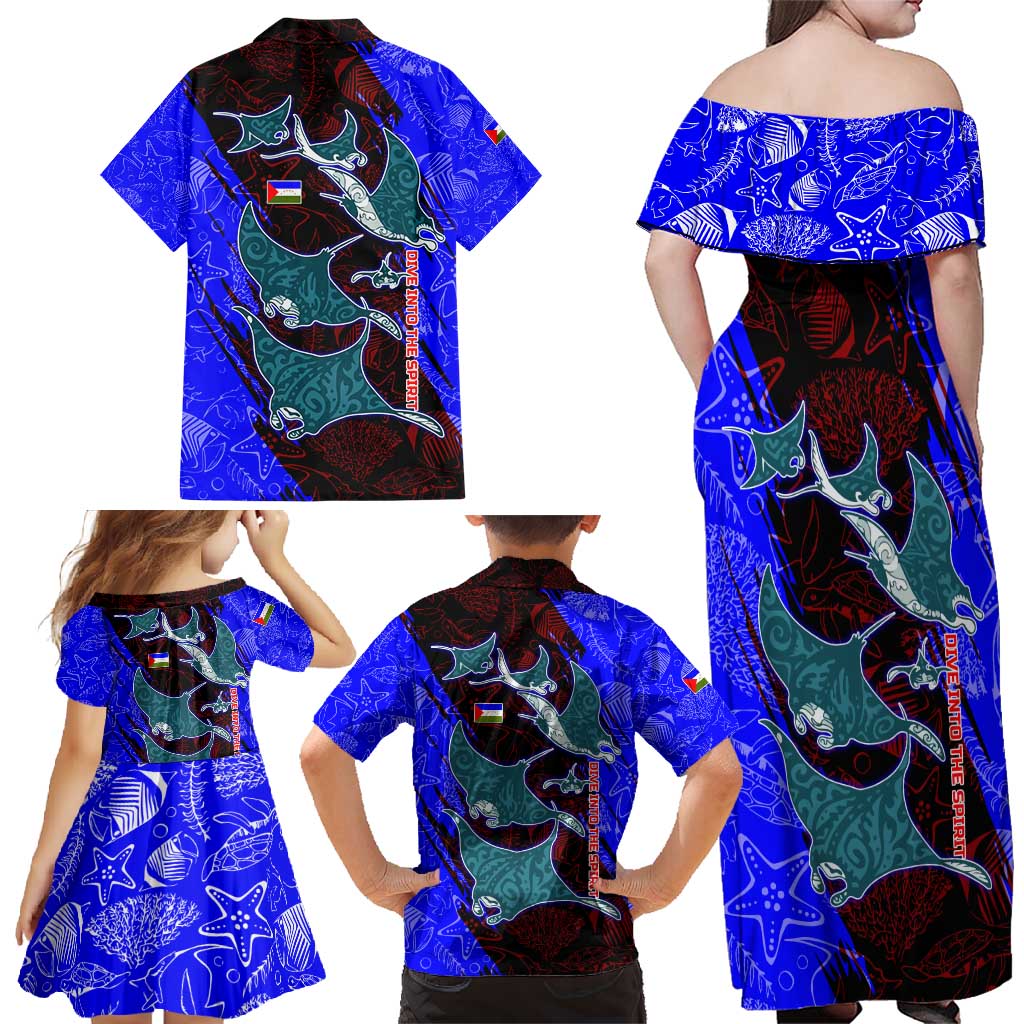 South Caribbean Coast Nicaragua Family Matching Off Shoulder Maxi Dress and Hawaiian Shirt with Manta Ray Coral Reef and Dive into the Spirit Design - Wonder Print Shop