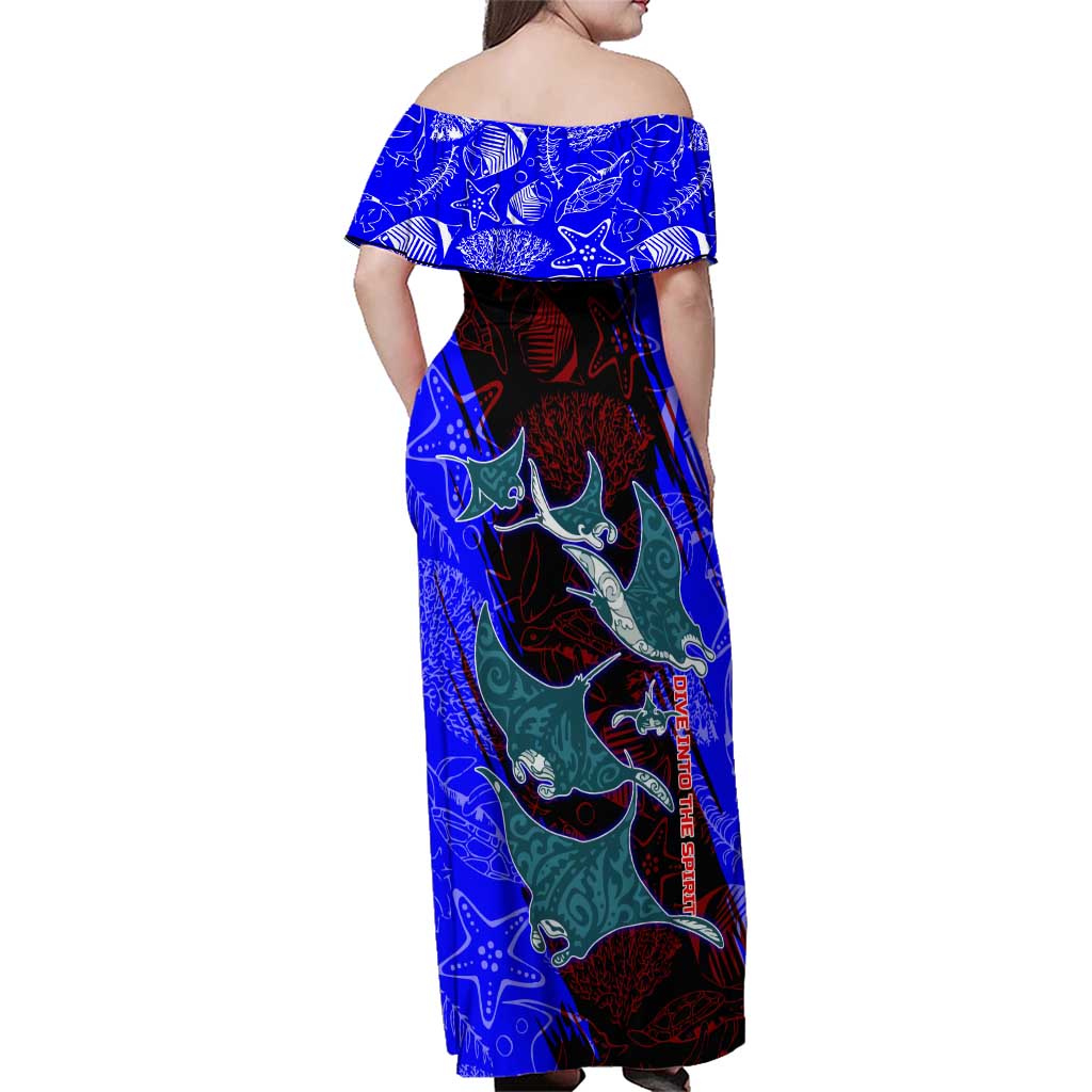 South Caribbean Coast Nicaragua Family Matching Off Shoulder Maxi Dress and Hawaiian Shirt with Manta Ray Coral Reef and Dive into the Spirit Design - Wonder Print Shop
