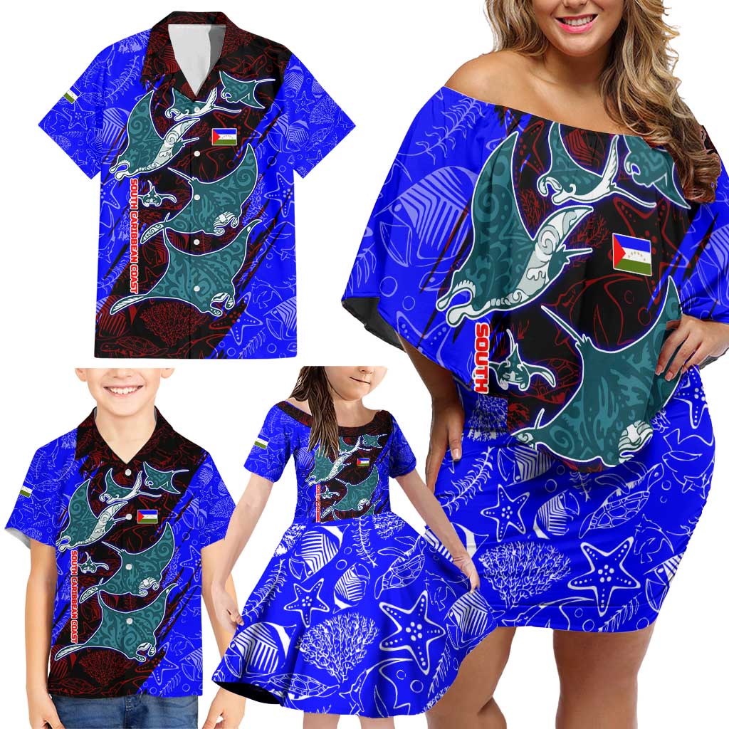 South Caribbean Coast Nicaragua Family Matching Off Shoulder Short Dress and Hawaiian Shirt with Manta Ray Coral Reef and Dive into the Spirit Design - Wonder Print Shop