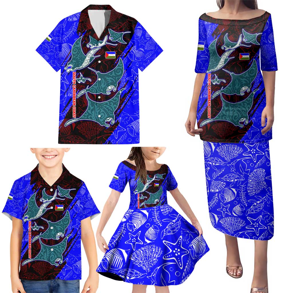 South Caribbean Coast Nicaragua Family Matching Puletasi and Hawaiian Shirt with Manta Ray Coral Reef and Dive into the Spirit Design - Wonder Print Shop