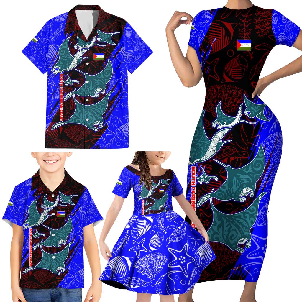 South Caribbean Coast Nicaragua Family Matching Short Sleeve Bodycon Dress and Hawaiian Shirt with Manta Ray Coral Reef and Dive into the Spirit Design - Wonder Print Shop