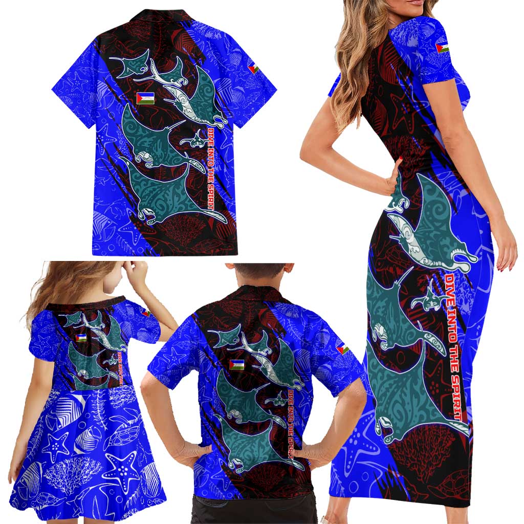 South Caribbean Coast Nicaragua Family Matching Short Sleeve Bodycon Dress and Hawaiian Shirt with Manta Ray Coral Reef and Dive into the Spirit Design - Wonder Print Shop