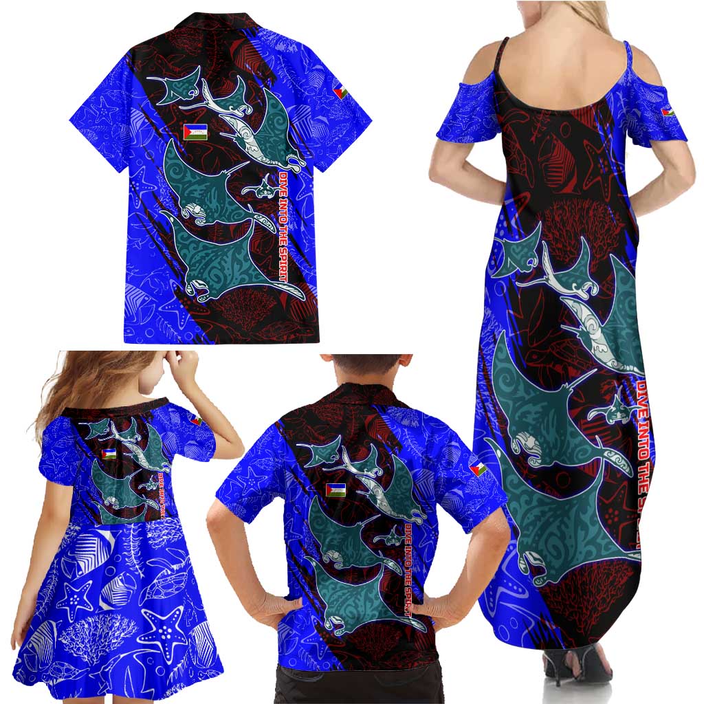 South Caribbean Coast Nicaragua Family Matching Summer Maxi Dress and Hawaiian Shirt with Manta Ray Coral Reef and Dive into the Spirit Design - Wonder Print Shop