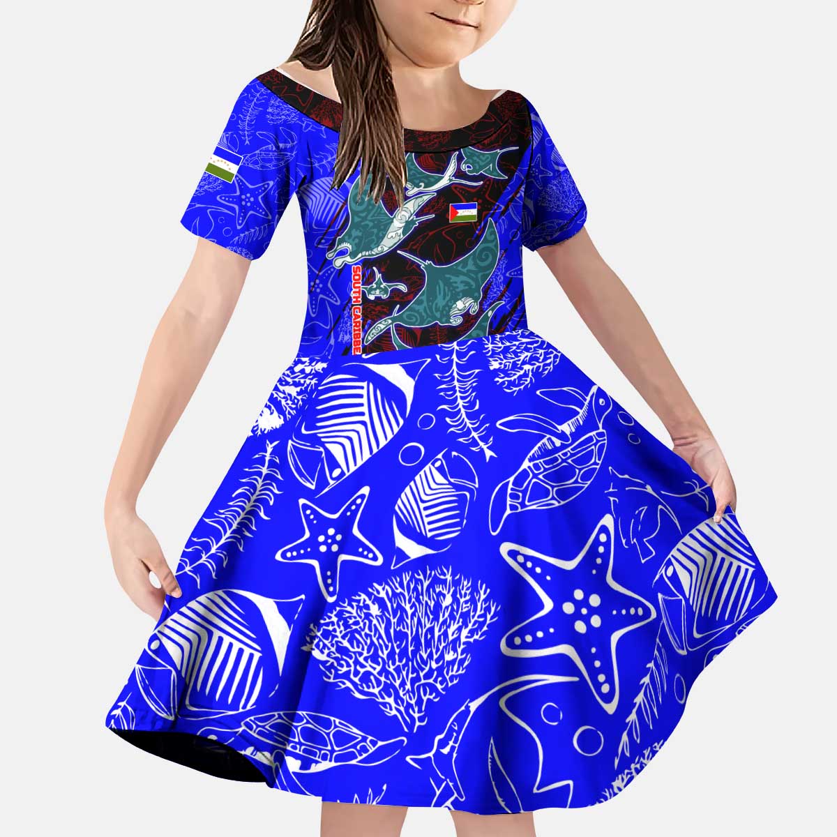 South Caribbean Coast Nicaragua Kid Short Sleeve Dress with Manta Ray Coral Reef and Dive into the Spirit Design - Wonder Print Shop