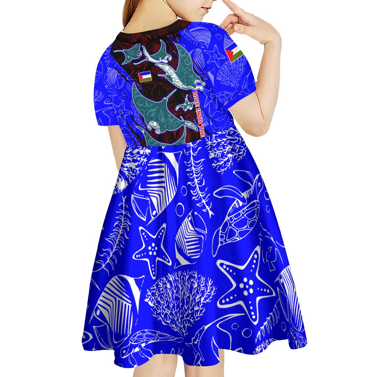 South Caribbean Coast Nicaragua Kid Short Sleeve Dress with Manta Ray Coral Reef and Dive into the Spirit Design - Wonder Print Shop