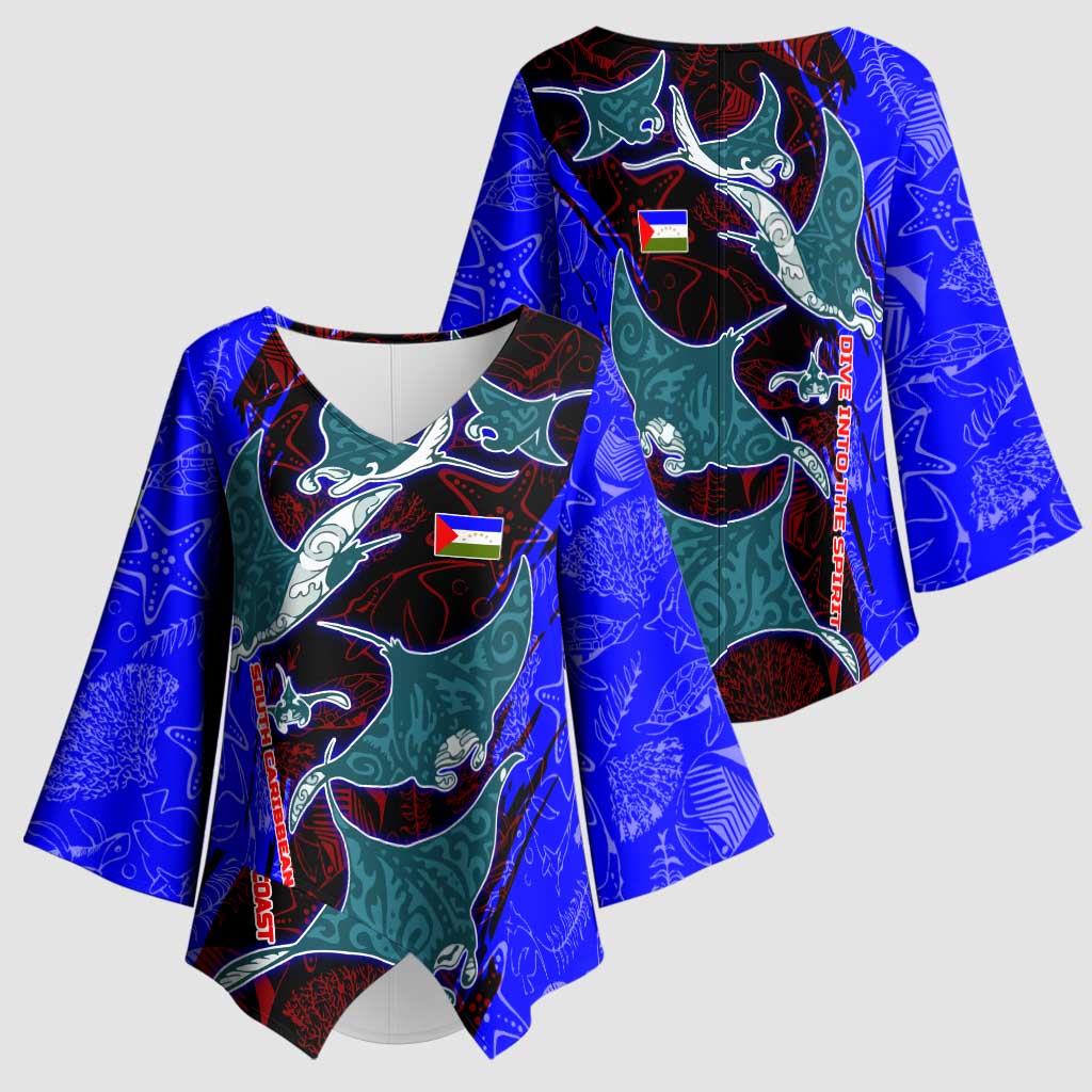 South Caribbean Coast Nicaragua Kimono Sleeve Blouse with Manta Ray Coral Reef and Dive into the Spirit Design - Wonder Print Shop