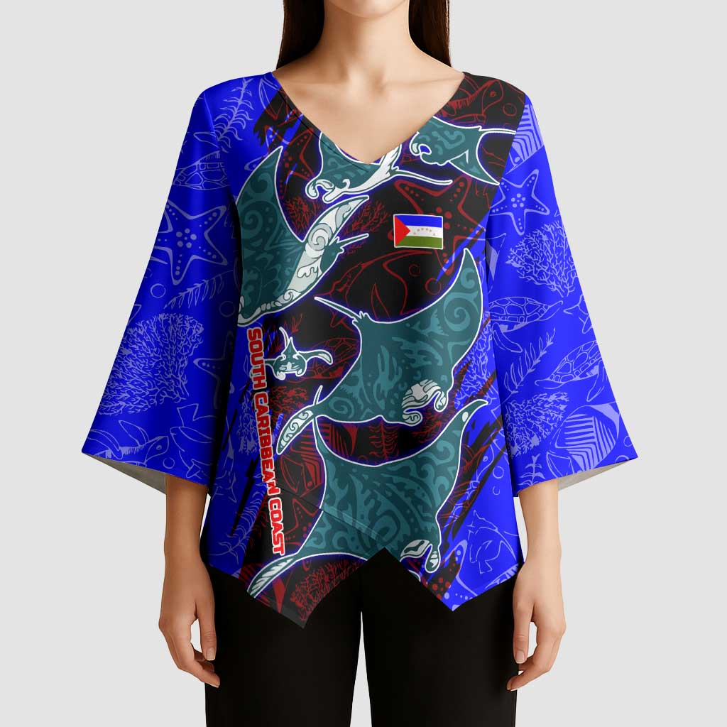 South Caribbean Coast Nicaragua Kimono Sleeve Blouse with Manta Ray Coral Reef and Dive into the Spirit Design - Wonder Print Shop