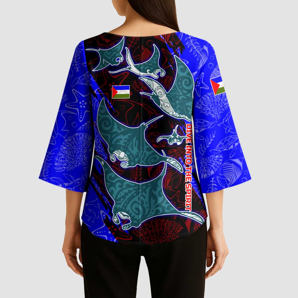 South Caribbean Coast Nicaragua Kimono Sleeve Blouse with Manta Ray Coral Reef and Dive into the Spirit Design - Wonder Print Shop
