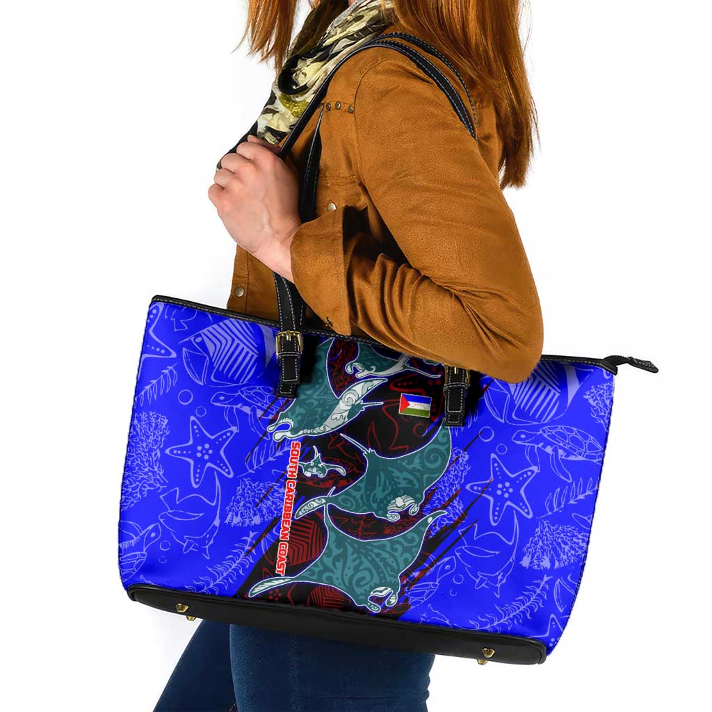 South Caribbean Coast Nicaragua Leather Tote Bag with Manta Ray Coral Reef and Dive into the Spirit Design - Wonder Print Shop