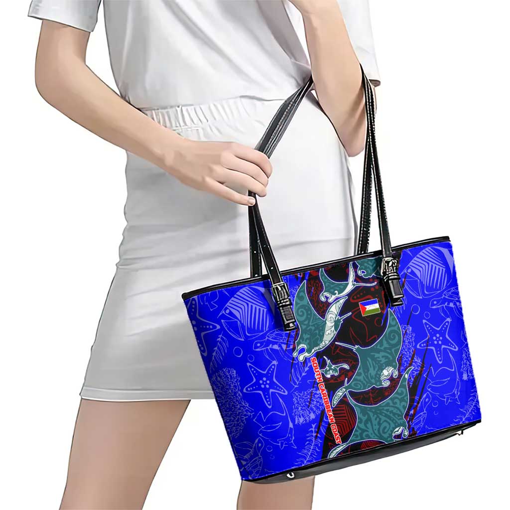 South Caribbean Coast Nicaragua Leather Tote Bag with Manta Ray Coral Reef and Dive into the Spirit Design - Wonder Print Shop
