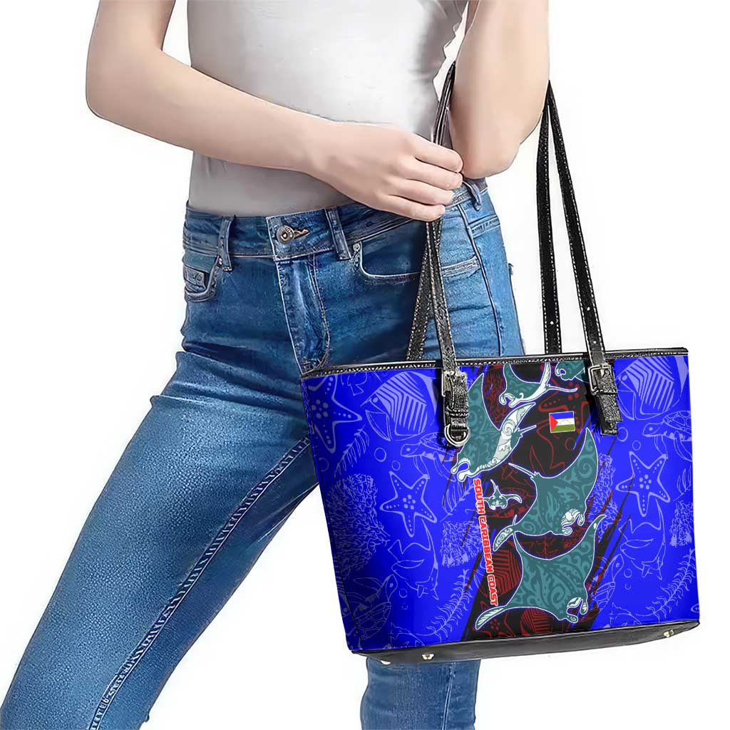 South Caribbean Coast Nicaragua Leather Tote Bag with Manta Ray Coral Reef and Dive into the Spirit Design - Wonder Print Shop