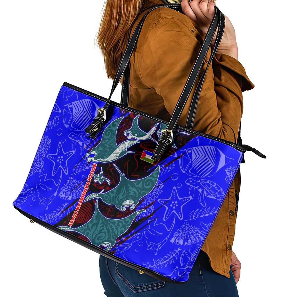 South Caribbean Coast Nicaragua Leather Tote Bag with Manta Ray Coral Reef and Dive into the Spirit Design - Wonder Print Shop