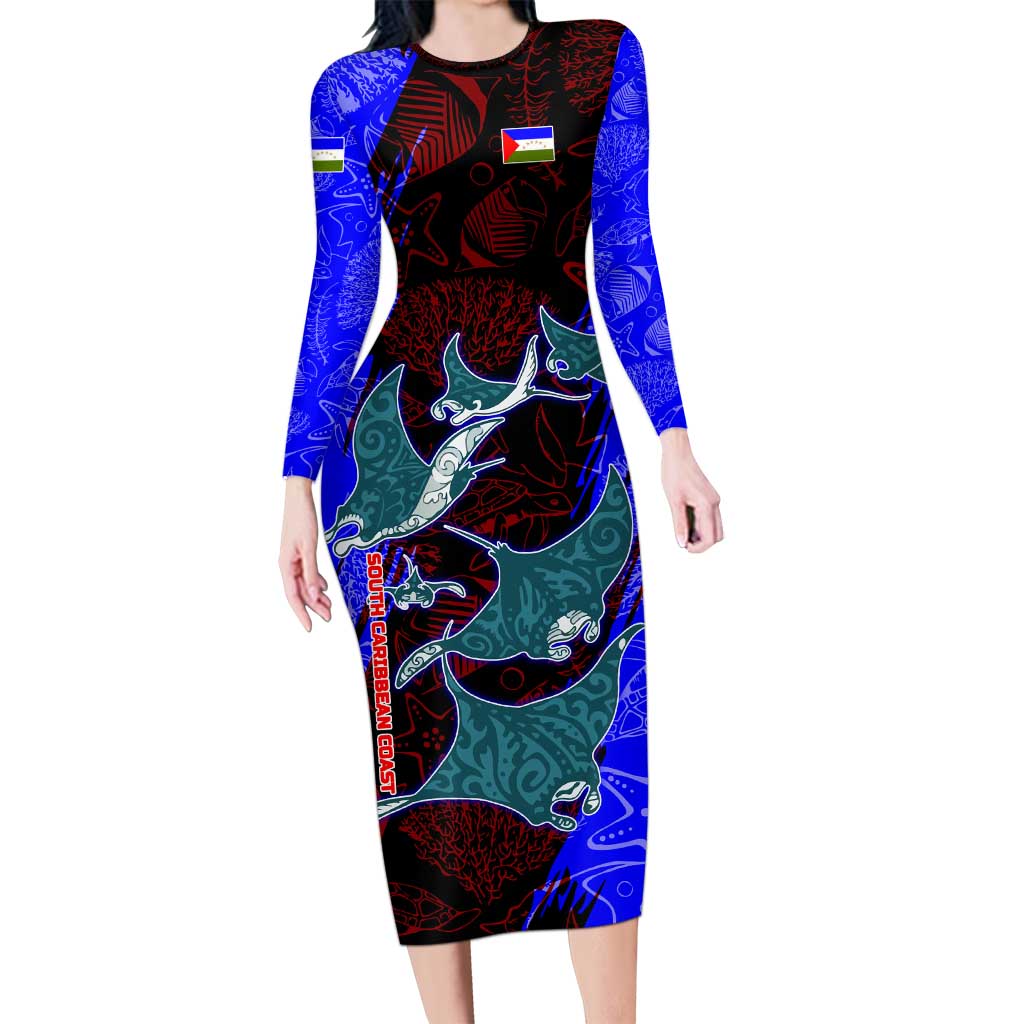 South Caribbean Coast Nicaragua Long Sleeve Bodycon Dress with Manta Ray Coral Reef and Dive into the Spirit Design - Wonder Print Shop