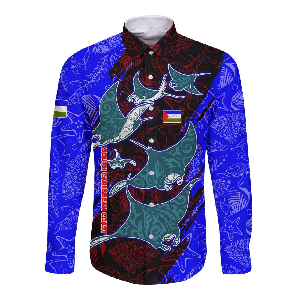 South Caribbean Coast Nicaragua Long Sleeve Button Shirt with Manta Ray Coral Reef and Dive into the Spirit Design - Wonder Print Shop