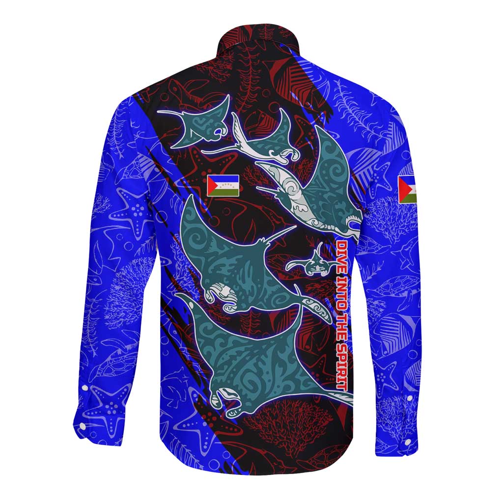 South Caribbean Coast Nicaragua Long Sleeve Button Shirt with Manta Ray Coral Reef and Dive into the Spirit Design - Wonder Print Shop