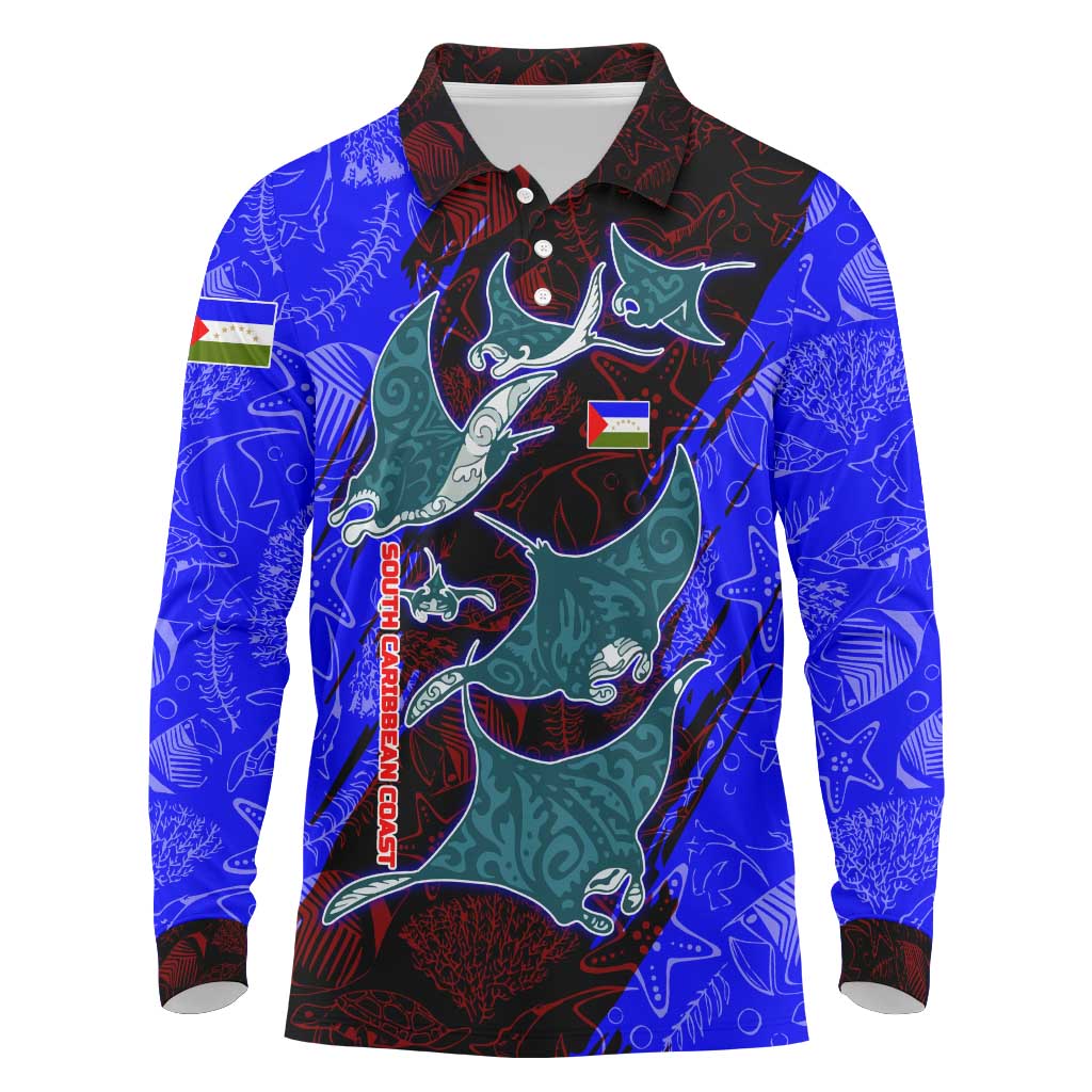 South Caribbean Coast Nicaragua Long Sleeve Polo Shirt with Manta Ray Coral Reef and Dive into the Spirit Design - Wonder Print Shop