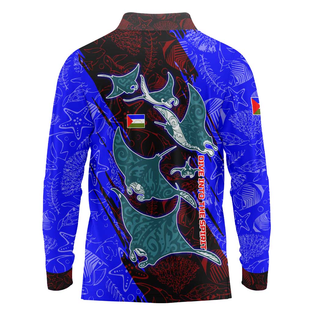 South Caribbean Coast Nicaragua Long Sleeve Polo Shirt with Manta Ray Coral Reef and Dive into the Spirit Design - Wonder Print Shop