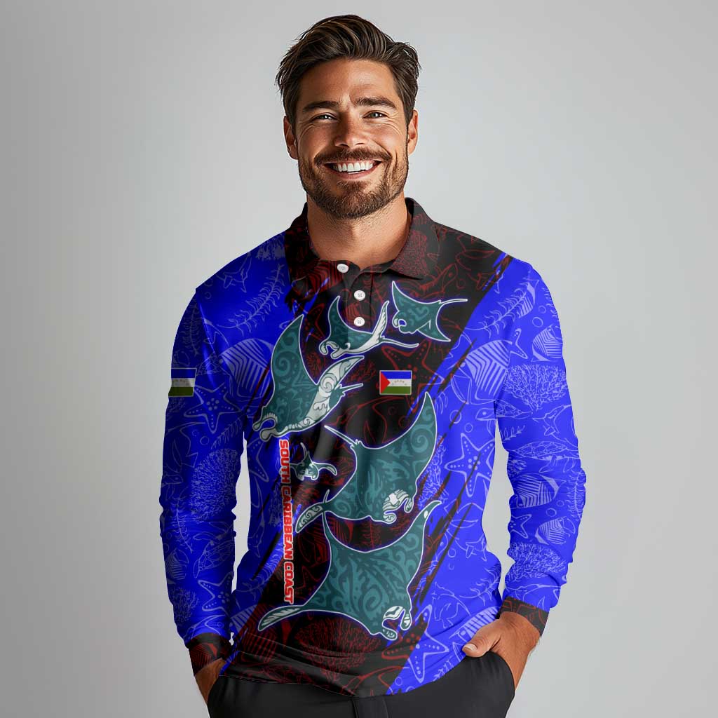 South Caribbean Coast Nicaragua Long Sleeve Polo Shirt with Manta Ray Coral Reef and Dive into the Spirit Design - Wonder Print Shop