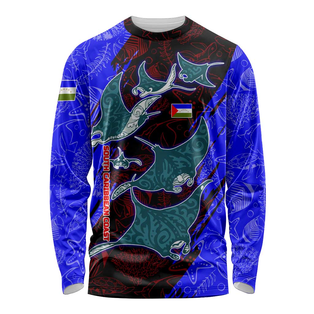 South Caribbean Coast Nicaragua Long Sleeve Shirt with Manta Ray Coral Reef and Dive into the Spirit Design - Wonder Print Shop
