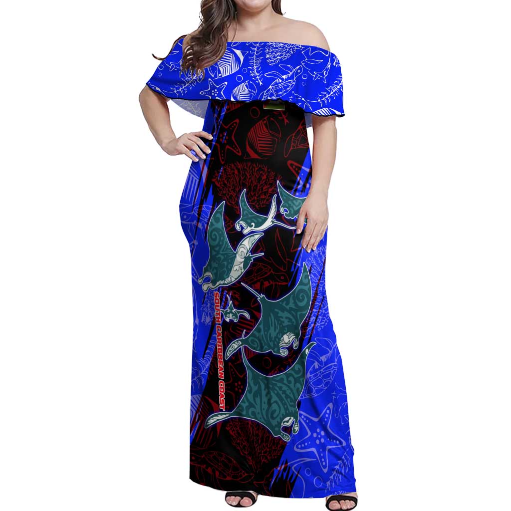 South Caribbean Coast Nicaragua Off Shoulder Maxi Dress with Manta Ray Coral Reef and Dive into the Spirit Design - Wonder Print Shop