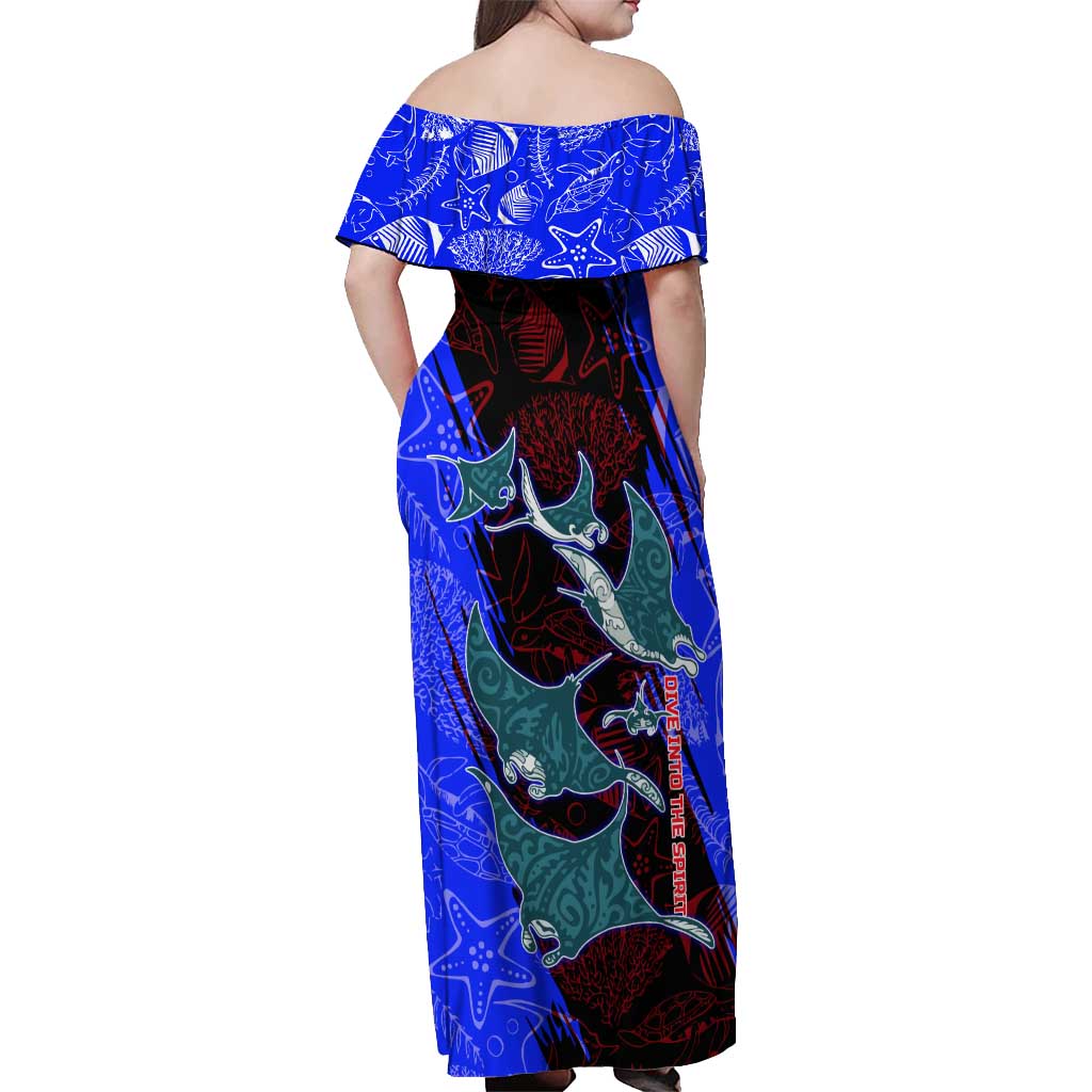 South Caribbean Coast Nicaragua Off Shoulder Maxi Dress with Manta Ray Coral Reef and Dive into the Spirit Design - Wonder Print Shop