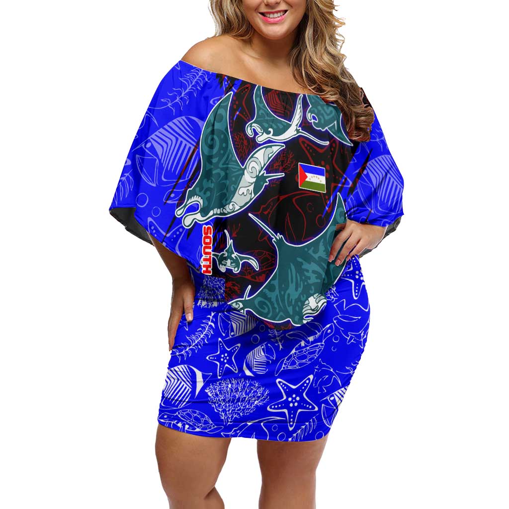 South Caribbean Coast Nicaragua Off Shoulder Short Dress with Manta Ray Coral Reef and Dive into the Spirit Design - Wonder Print Shop