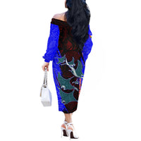 South Caribbean Coast Nicaragua Off The Shoulder Long Sleeve Dress with Manta Ray Coral Reef and Dive into the Spirit Design - Wonder Print Shop