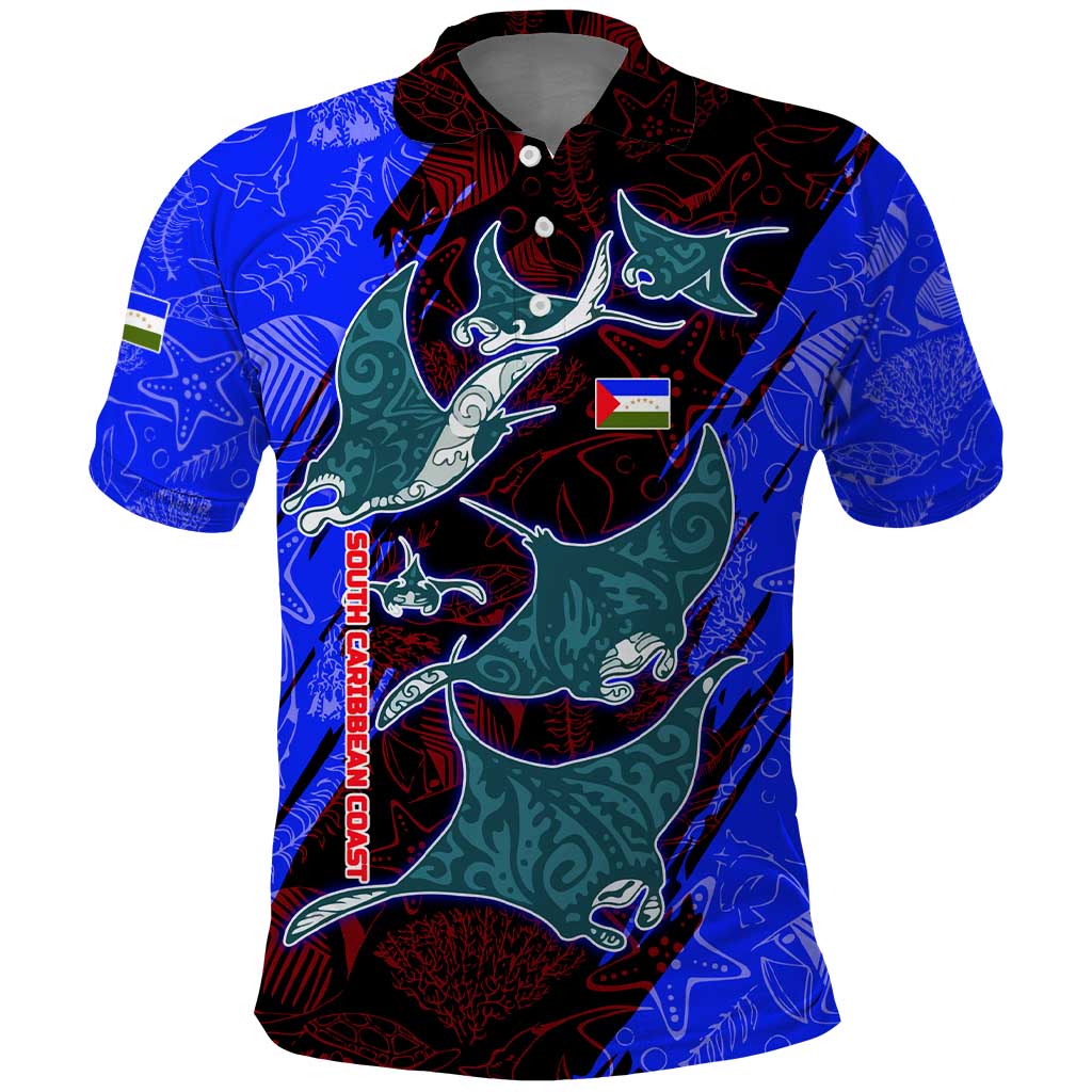 South Caribbean Coast Nicaragua Polo Shirt with Manta Ray Coral Reef and Dive into the Spirit Design - Wonder Print Shop