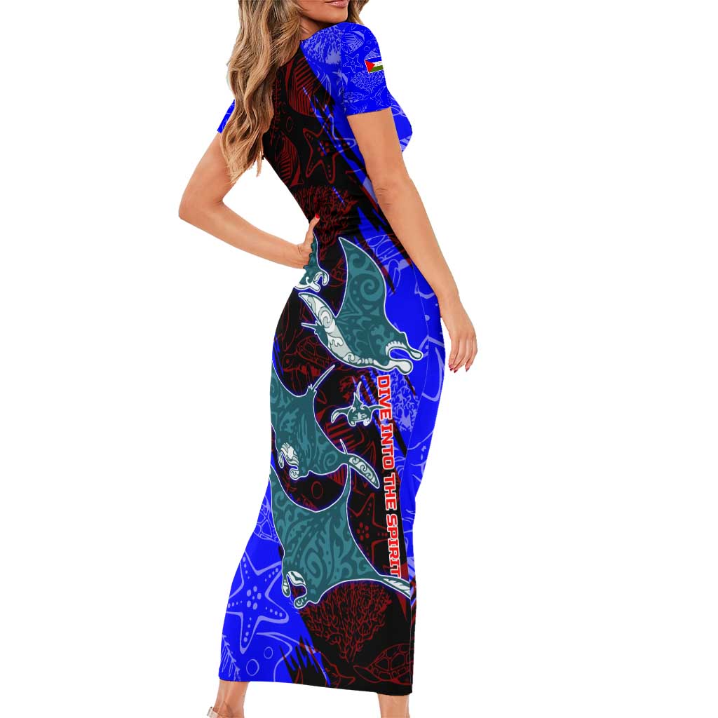 South Caribbean Coast Nicaragua Short Sleeve Bodycon Dress with Manta Ray Coral Reef and Dive into the Spirit Design - Wonder Print Shop