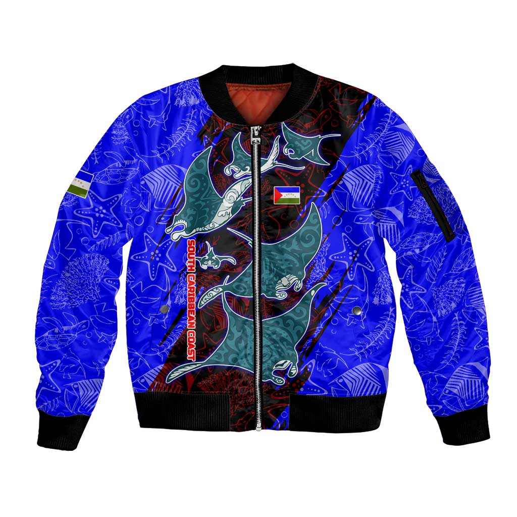 South Caribbean Coast Nicaragua Sleeve Zip Bomber Jacket with Manta Ray Coral Reef and Dive into the Spirit Design - Wonder Print Shop
