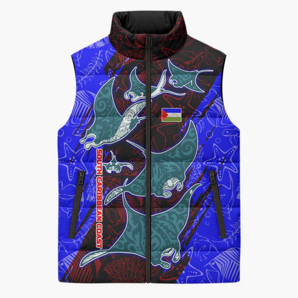 South Caribbean Coast Nicaragua Sleeveless Puffer Jacket with Manta Ray Coral Reef and Dive into the Spirit Design - Wonder Print Shop