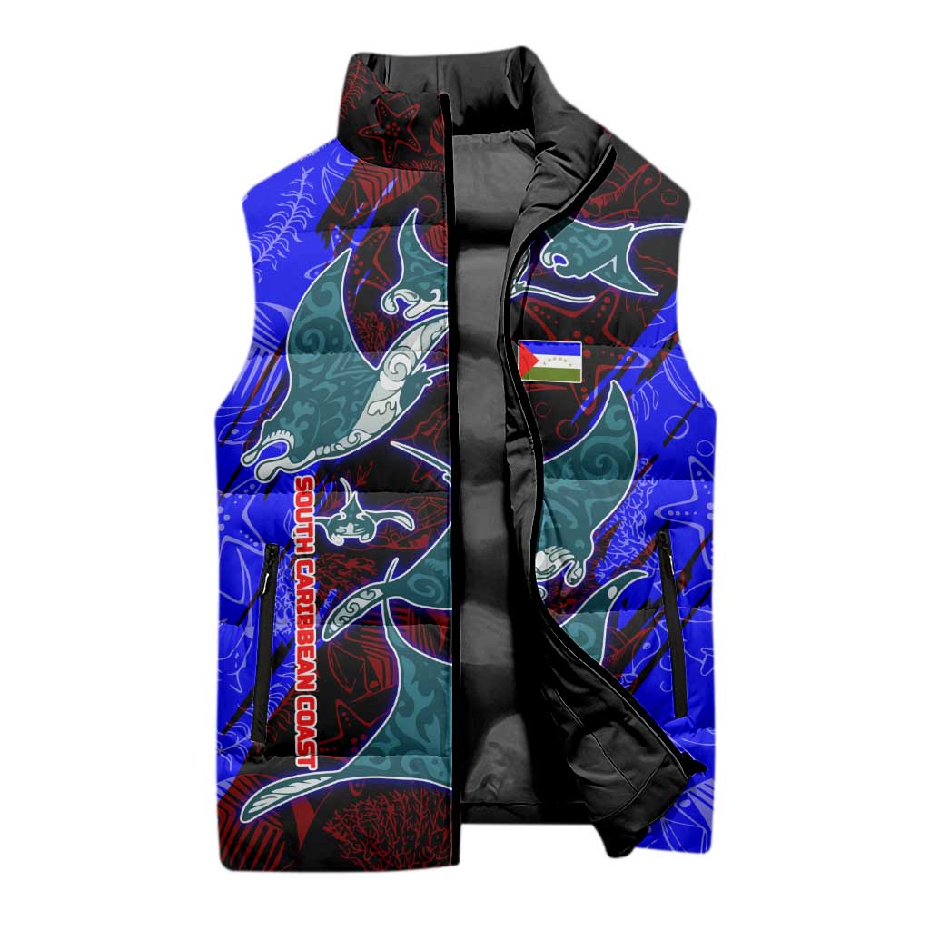 South Caribbean Coast Nicaragua Sleeveless Puffer Jacket with Manta Ray Coral Reef and Dive into the Spirit Design - Wonder Print Shop