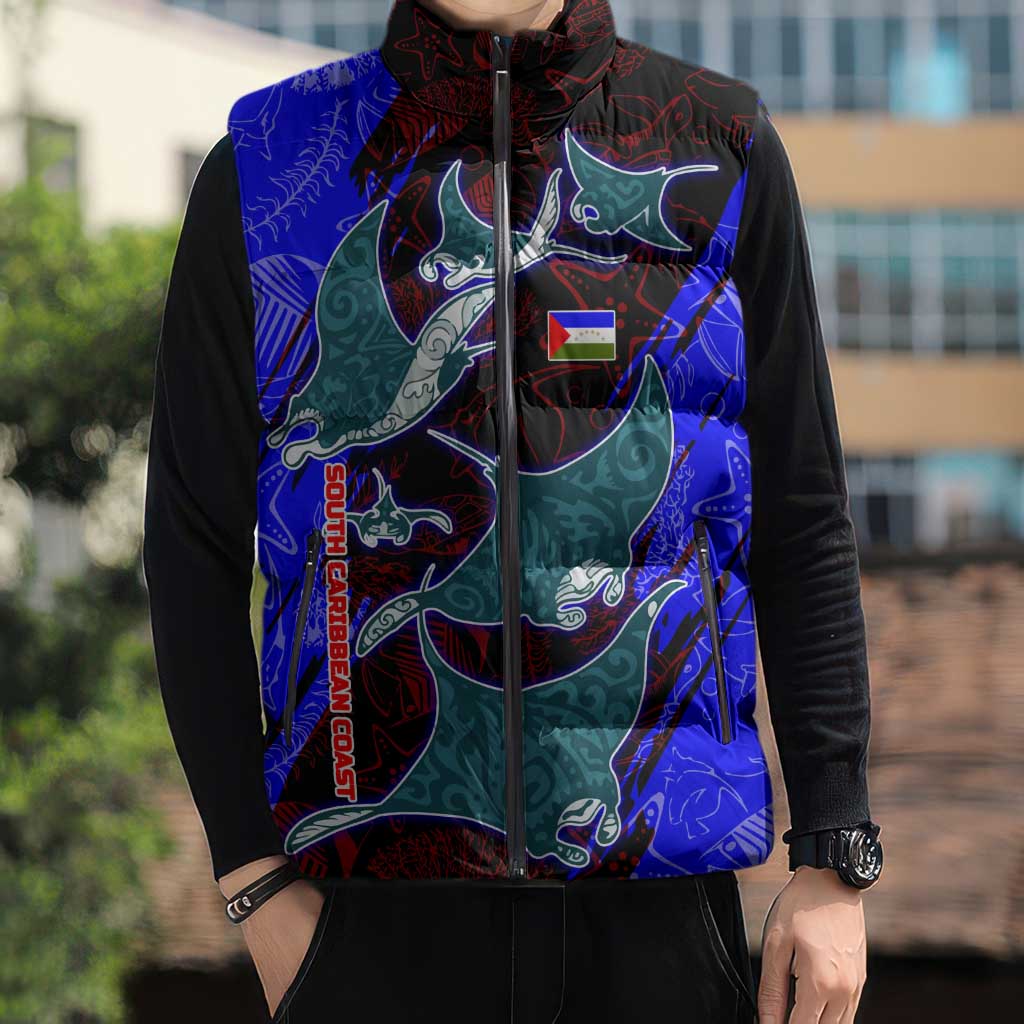 South Caribbean Coast Nicaragua Sleeveless Puffer Jacket with Manta Ray Coral Reef and Dive into the Spirit Design - Wonder Print Shop