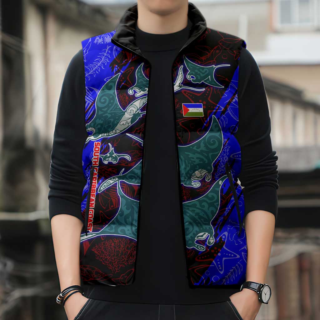 South Caribbean Coast Nicaragua Sleeveless Puffer Jacket with Manta Ray Coral Reef and Dive into the Spirit Design - Wonder Print Shop