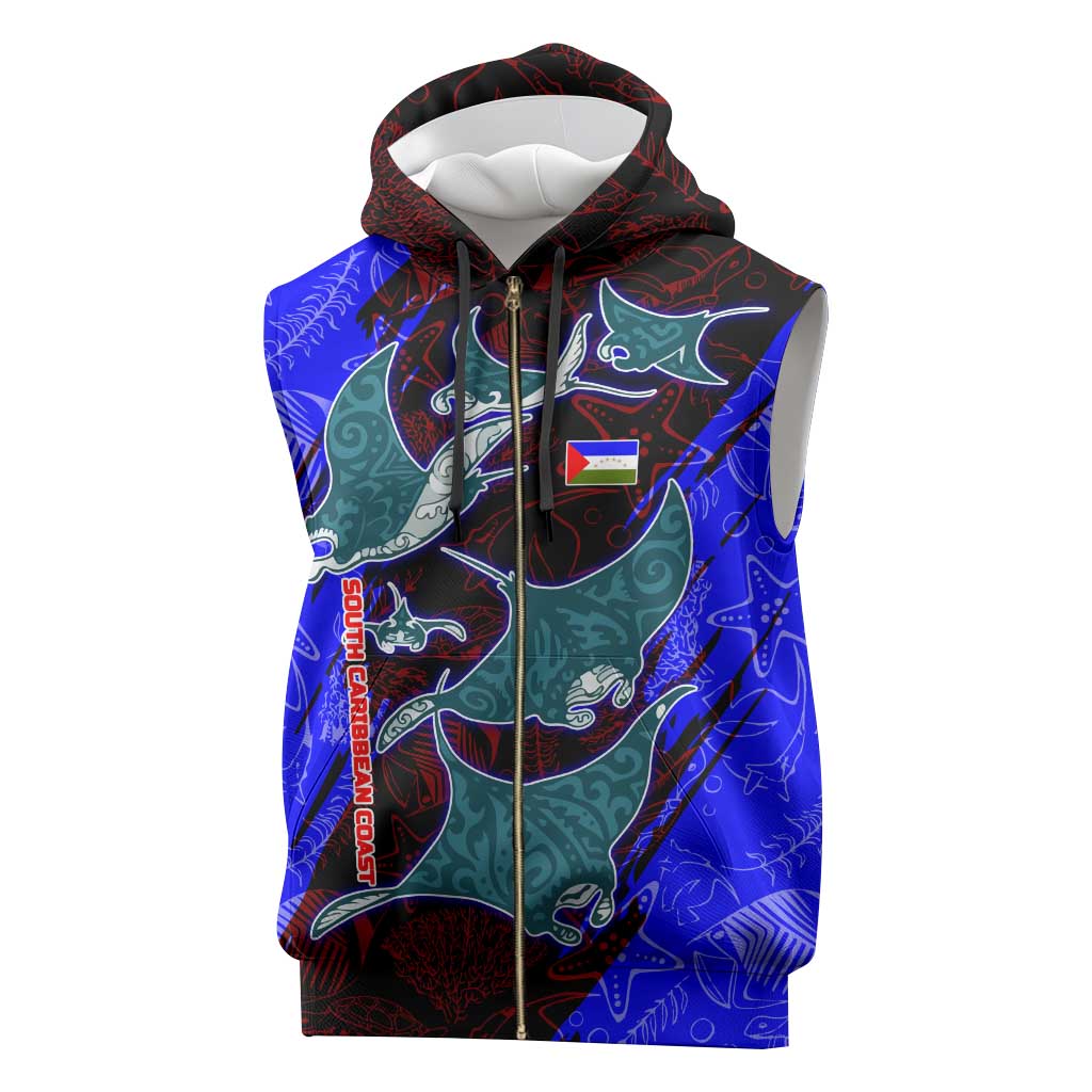 South Caribbean Coast Nicaragua Sleeveless Zip Hoodie with Manta Ray Coral Reef and Dive into the Spirit Design - Wonder Print Shop