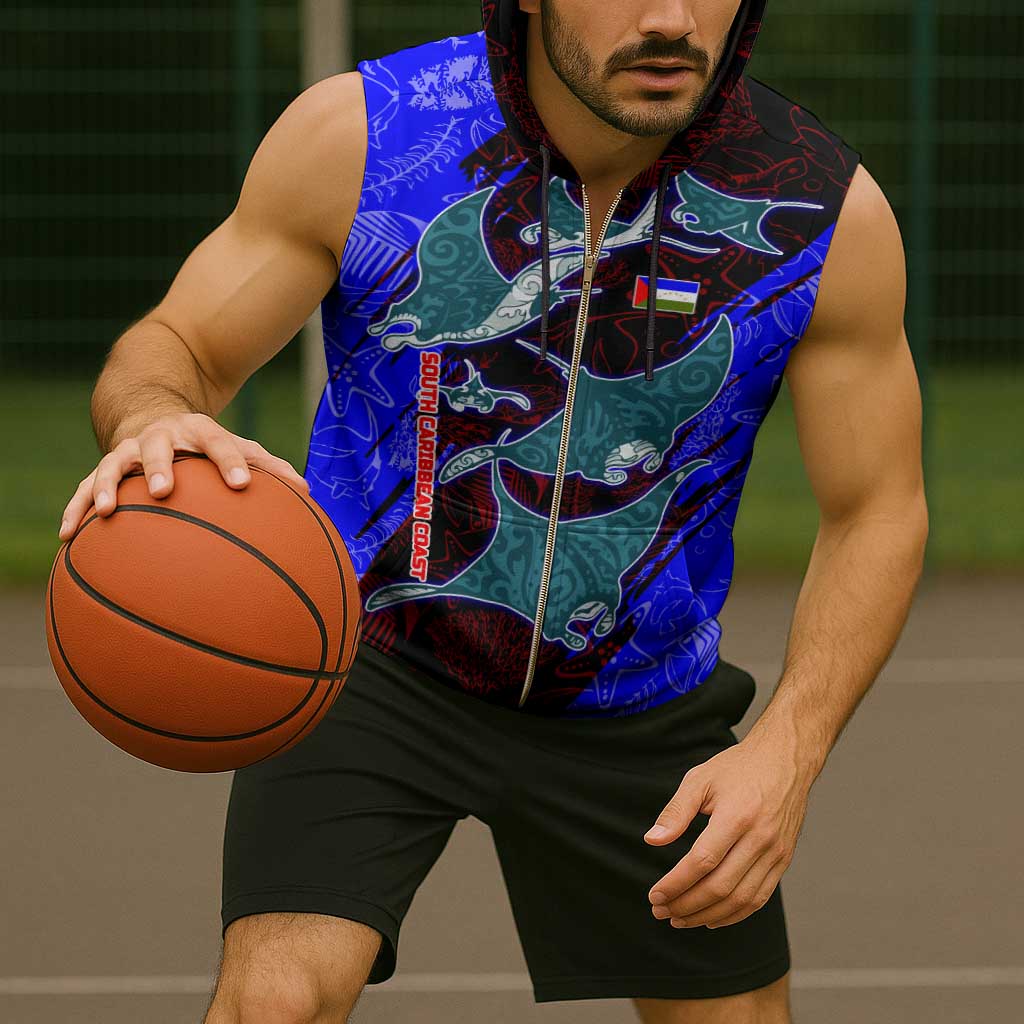 South Caribbean Coast Nicaragua Sleeveless Zip Hoodie with Manta Ray Coral Reef and Dive into the Spirit Design - Wonder Print Shop