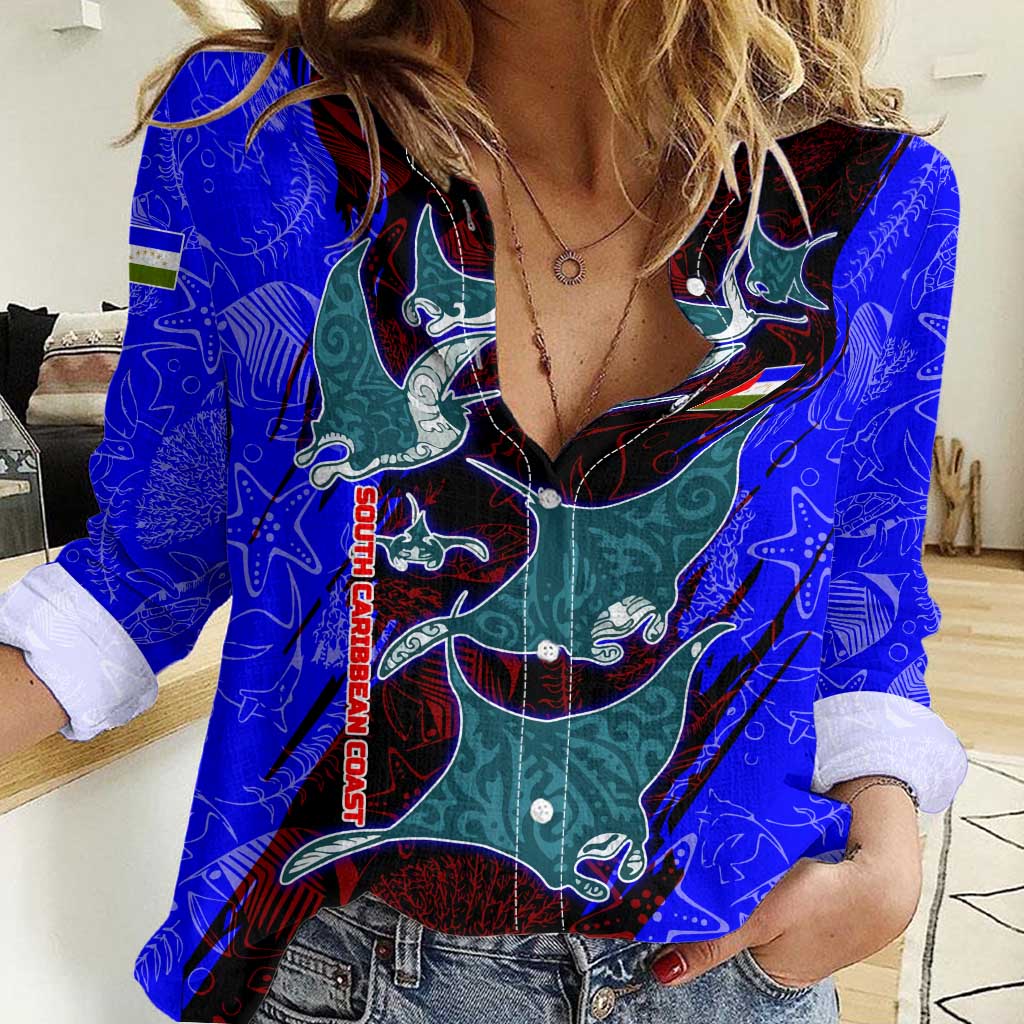 South Caribbean Coast Nicaragua Women Casual Shirt with Manta Ray Coral Reef and Dive into the Spirit Design - Wonder Print Shop