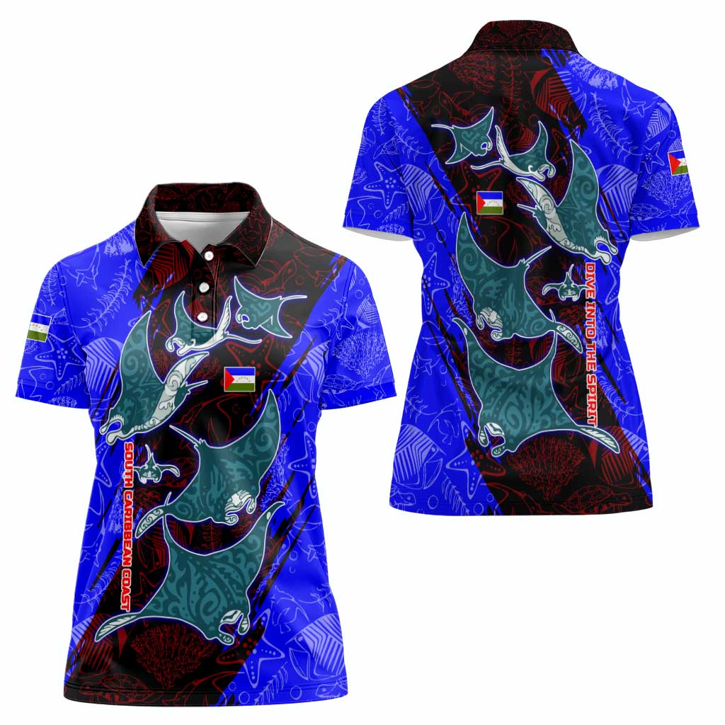 South Caribbean Coast Nicaragua Women Polo Shirt with Manta Ray Coral Reef and Dive into the Spirit Design - Wonder Print Shop
