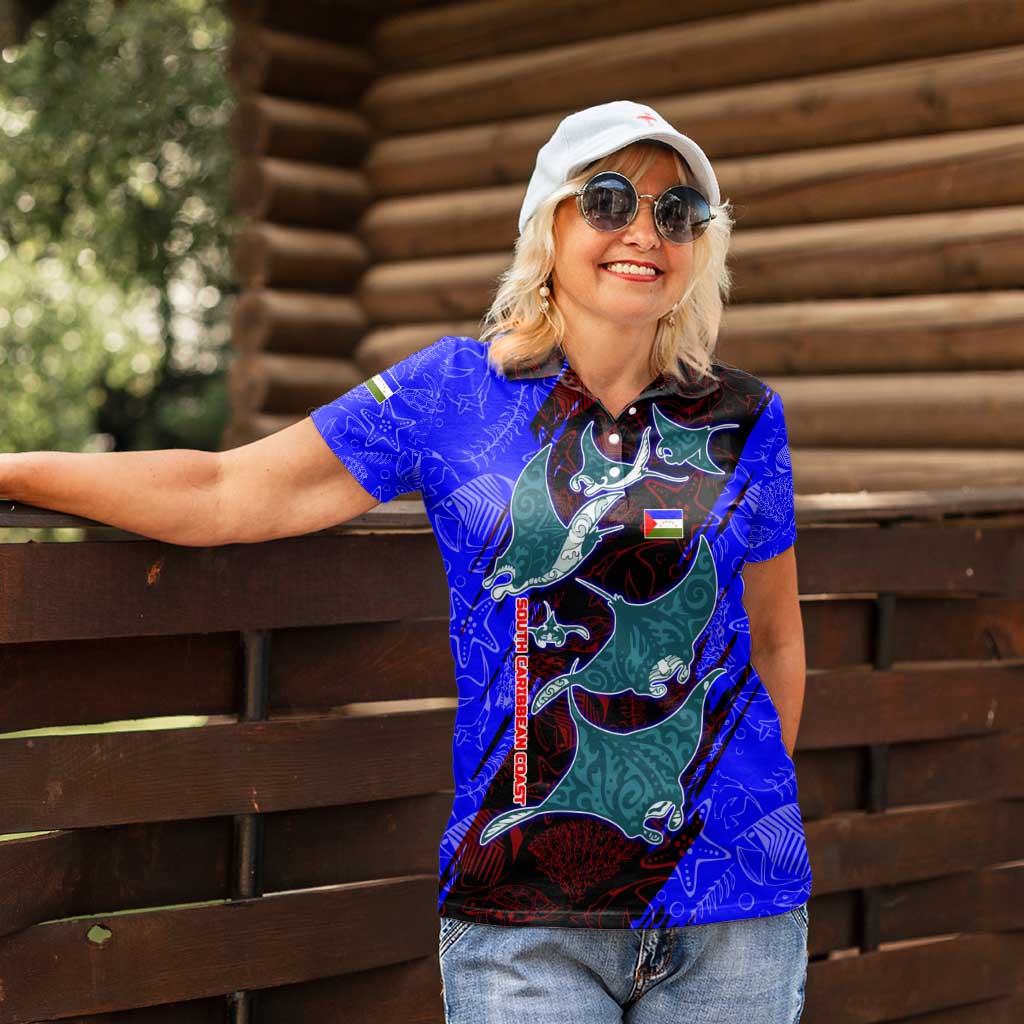 South Caribbean Coast Nicaragua Women Polo Shirt with Manta Ray Coral Reef and Dive into the Spirit Design - Wonder Print Shop