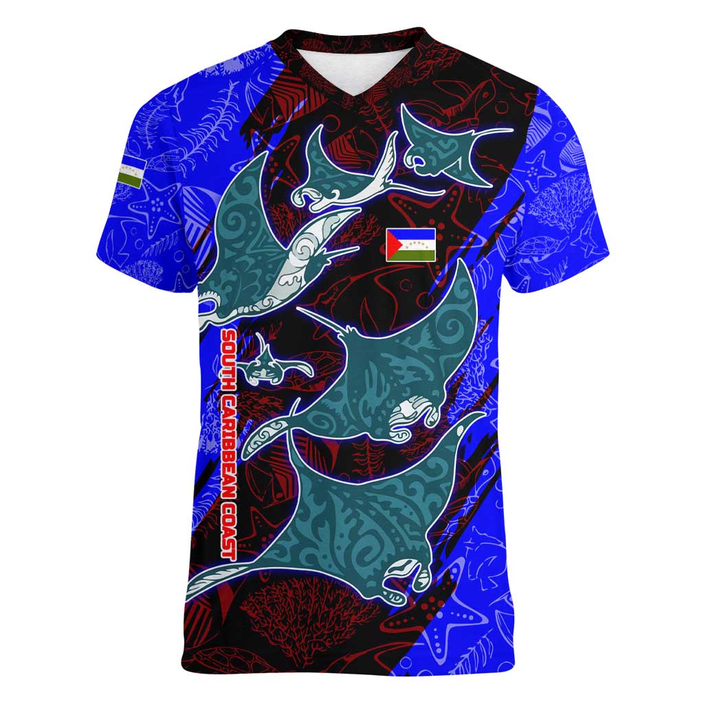 South Caribbean Coast Nicaragua Women V-Neck T-Shirt with Manta Ray Coral Reef and Dive into the Spirit Design - Wonder Print Shop