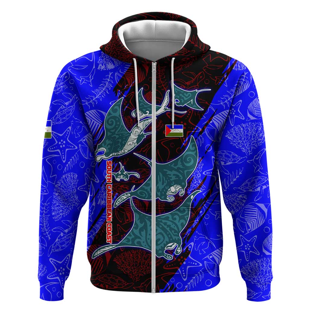South Caribbean Coast Nicaragua Zip Hoodie with Manta Ray Coral Reef and Dive into the Spirit Design - Wonder Print Shop