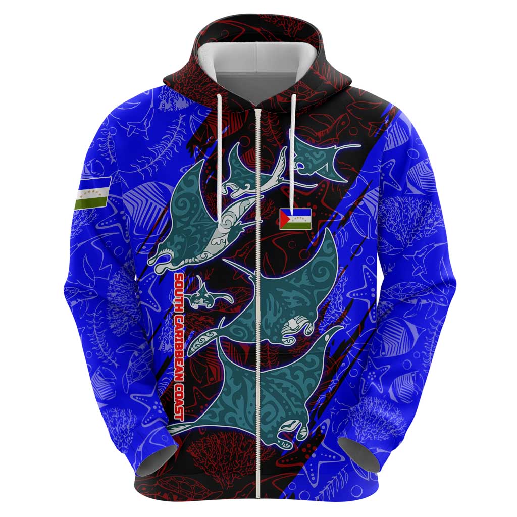 South Caribbean Coast Nicaragua Zip Hoodie with Manta Ray Coral Reef and Dive into the Spirit Design - Wonder Print Shop