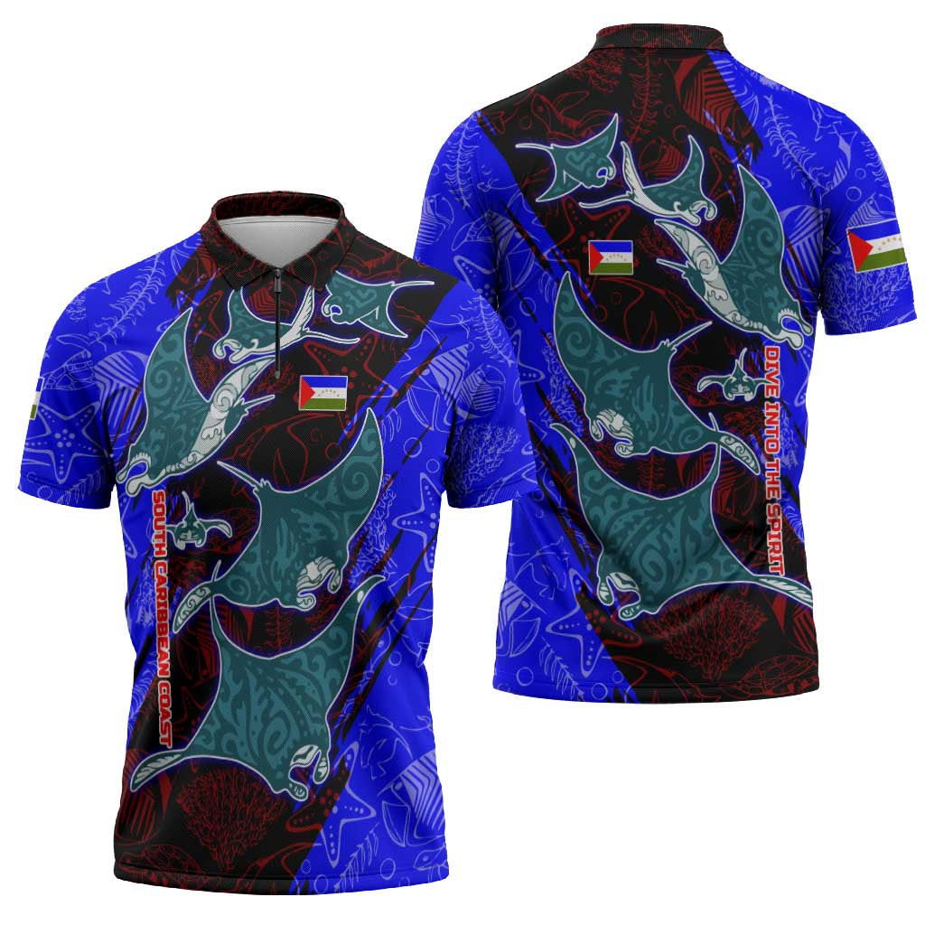 South Caribbean Coast Nicaragua Zipper Polo Shirt with Manta Ray Coral Reef and Dive into the Spirit Design - Wonder Print Shop
