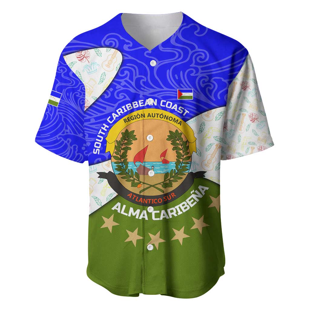 Nicaragua South Caribbean Coast Baseball Jersey with Regional Seal and Ocean Shell Pattern Alma Caribeña Design - Wonder Print Shop