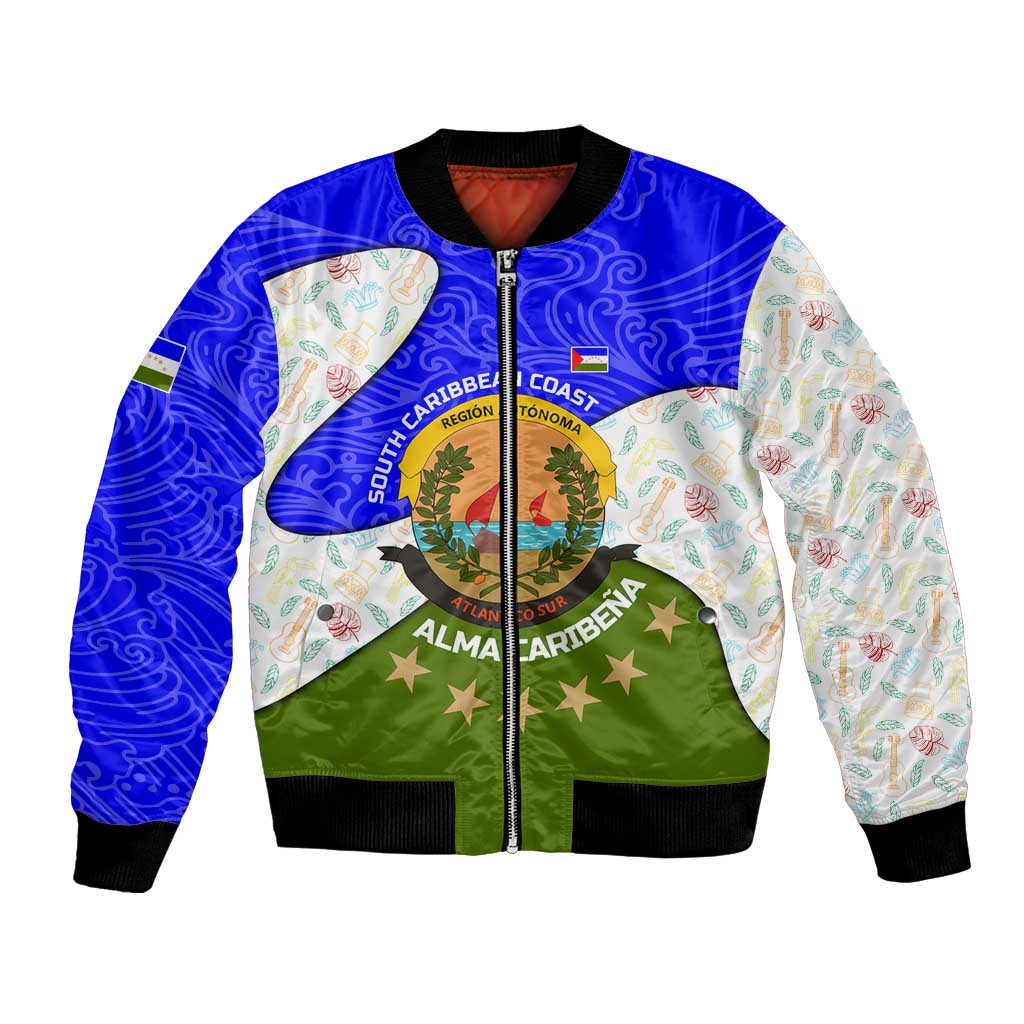 Nicaragua South Caribbean Coast Bomber Jacket with Regional Seal and Ocean Shell Pattern Alma Caribeña Design - Wonder Print Shop