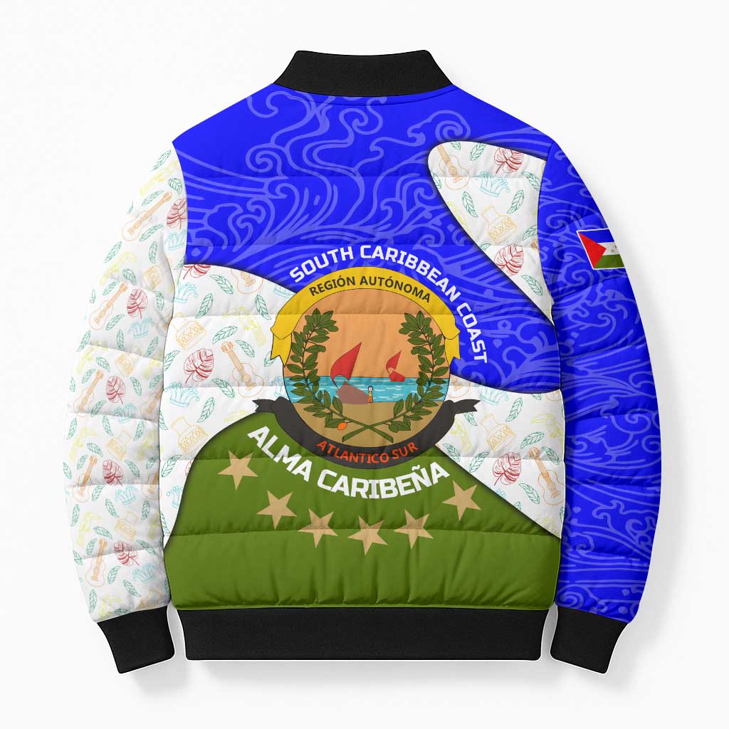 Nicaragua South Caribbean Coast Bomber Puffer Jacket with Regional Seal and Ocean Shell Pattern Alma Caribeña Design - Wonder Print Shop