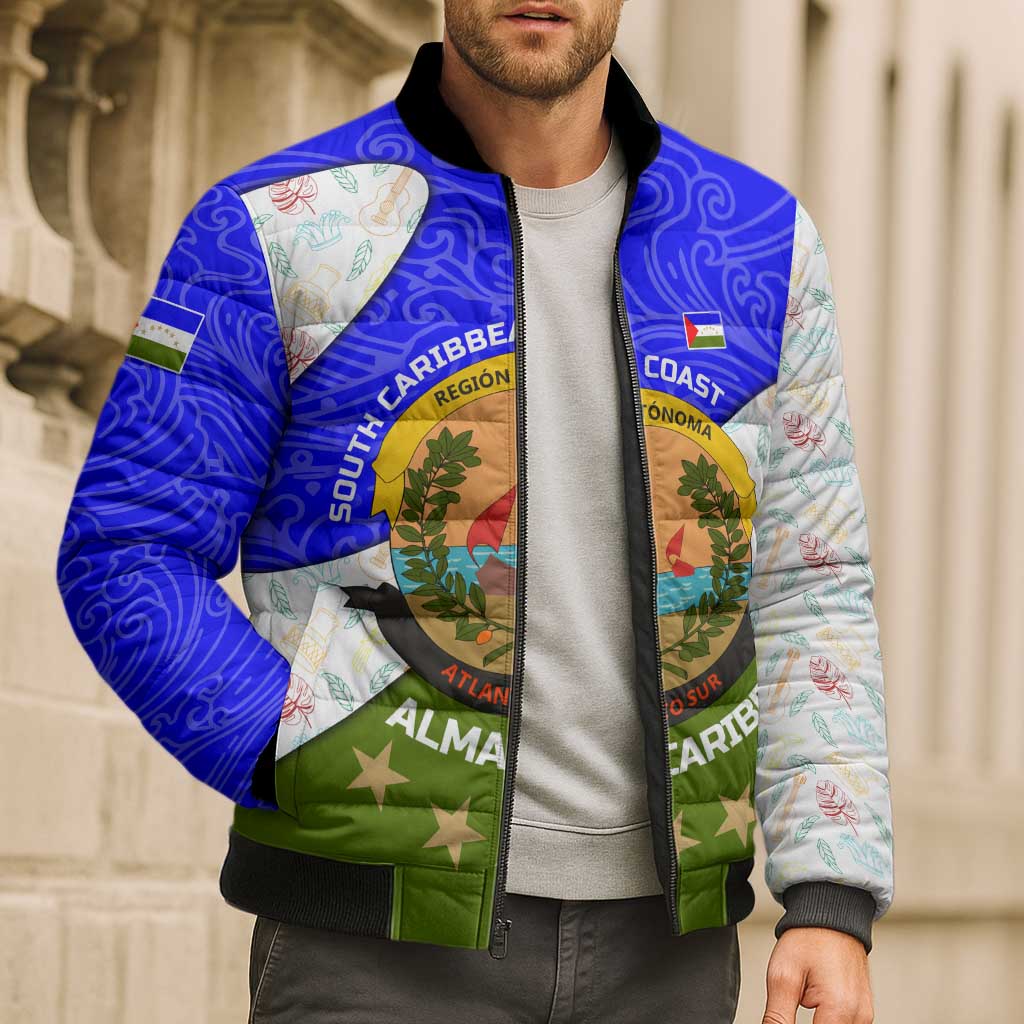 Nicaragua South Caribbean Coast Bomber Puffer Jacket with Regional Seal and Ocean Shell Pattern Alma Caribeña Design - Wonder Print Shop