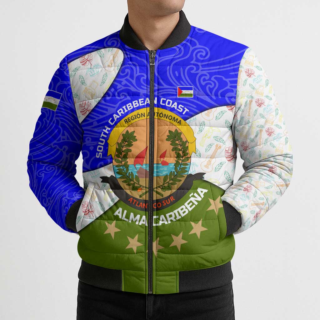 Nicaragua South Caribbean Coast Bomber Puffer Jacket with Regional Seal and Ocean Shell Pattern Alma Caribeña Design - Wonder Print Shop