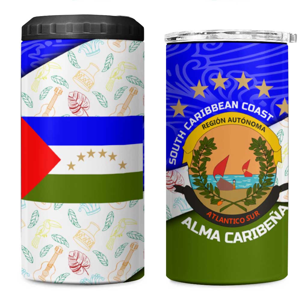 Nicaragua South Caribbean Coast 4 in 1 Can Cooler Tumbler with Regional Seal and Ocean Shell Pattern Alma Caribeña Design - Wonder Print Shop