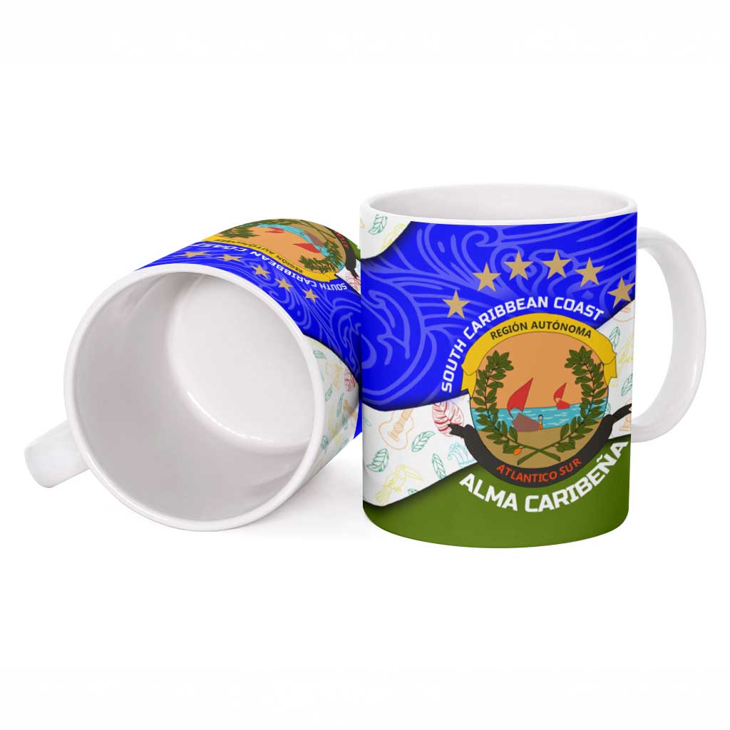 Nicaragua South Caribbean Coast Ceramic Mug with Regional Seal and Ocean Shell Pattern Alma Caribeña Design - Wonder Print Shop